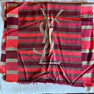 SAINT LAURENT
Frayed Striped Silk-Twill Scarf in color red and orange